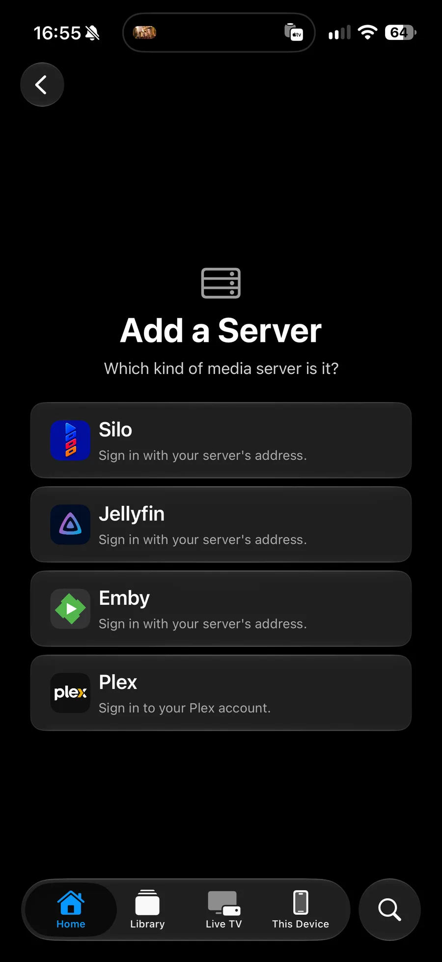 Add a Server on iPhone: Plex, signed in with a Plex account, and Jellyfin, Emby and Silo, each signed in with the server's address.