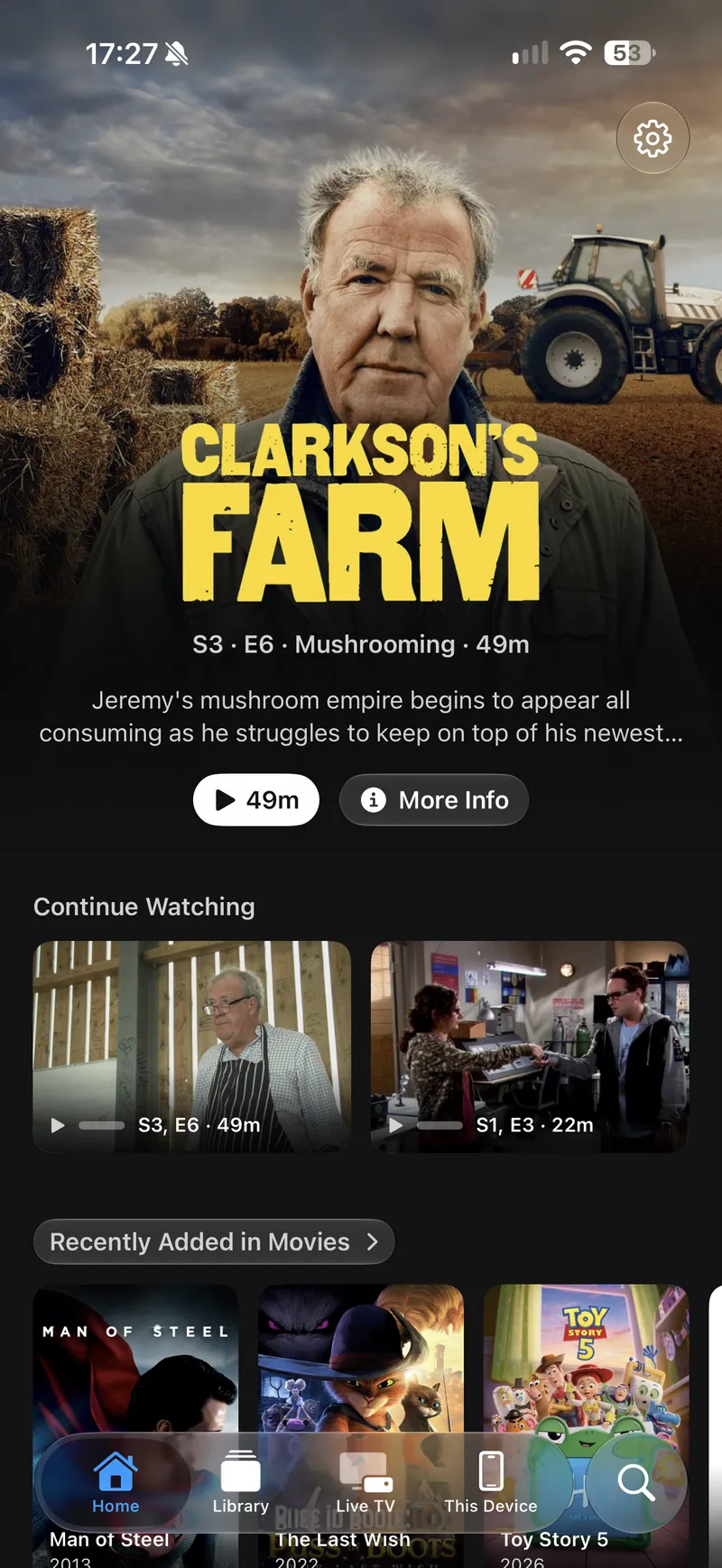 photon on iPhone: a series carried across the top of the home screen, a Continue Watching row beneath it, and recently added films below that.
