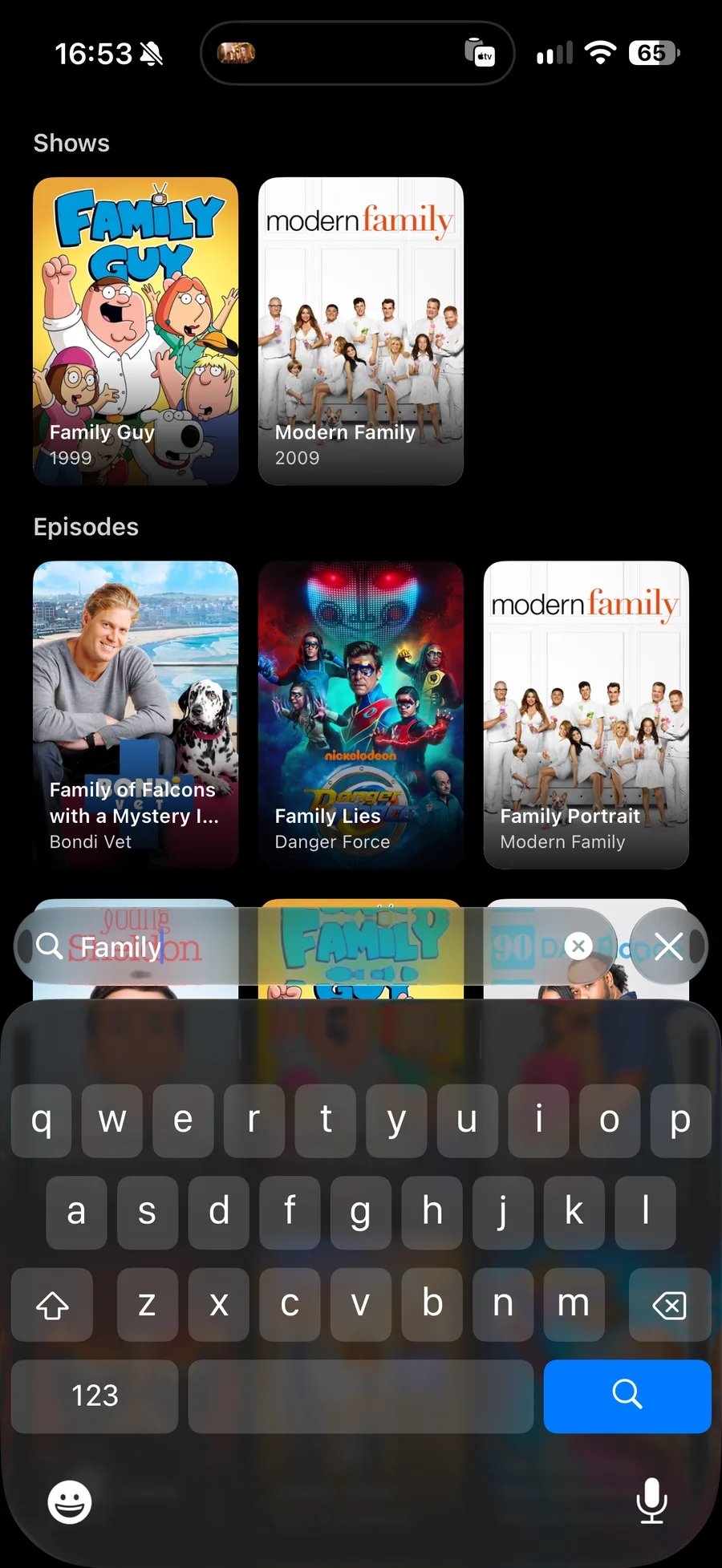 Search on iPhone: the shows matching the query on one row, and the episodes matching it on the next.