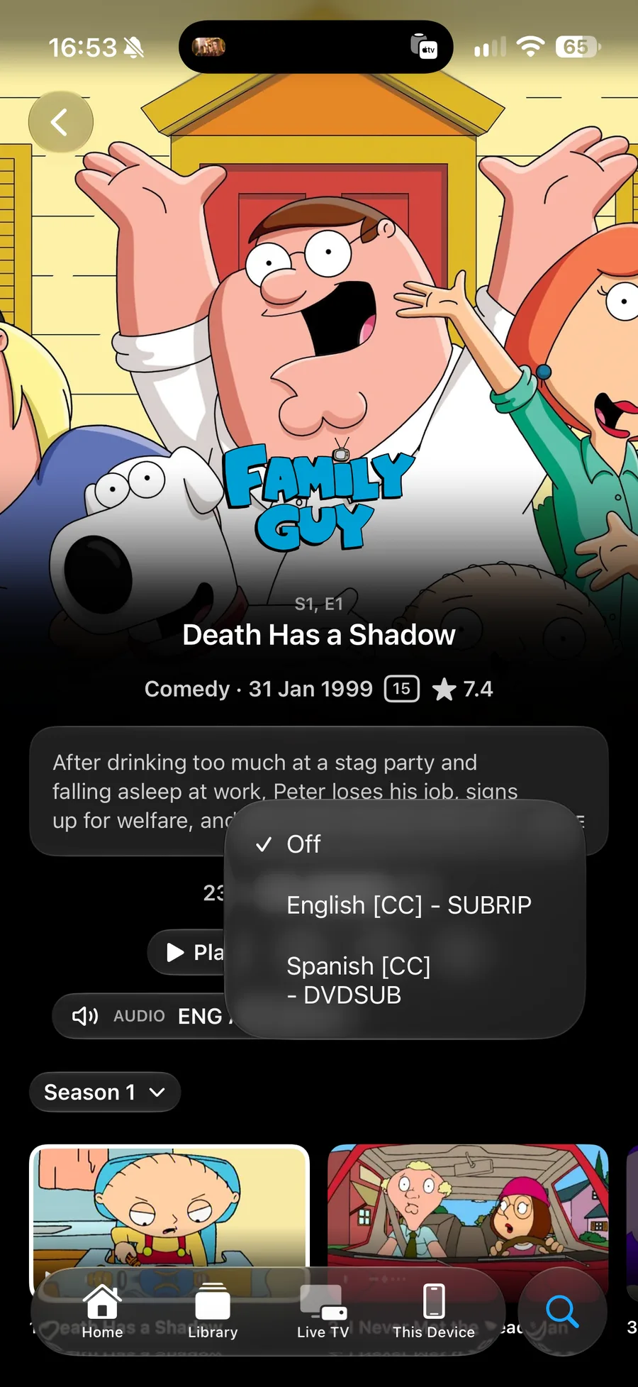 The Subtitles menu open on an iPhone title page, listing Off — ticked — then English [CC] SUBRIP and Spanish [CC] DVDSUB.