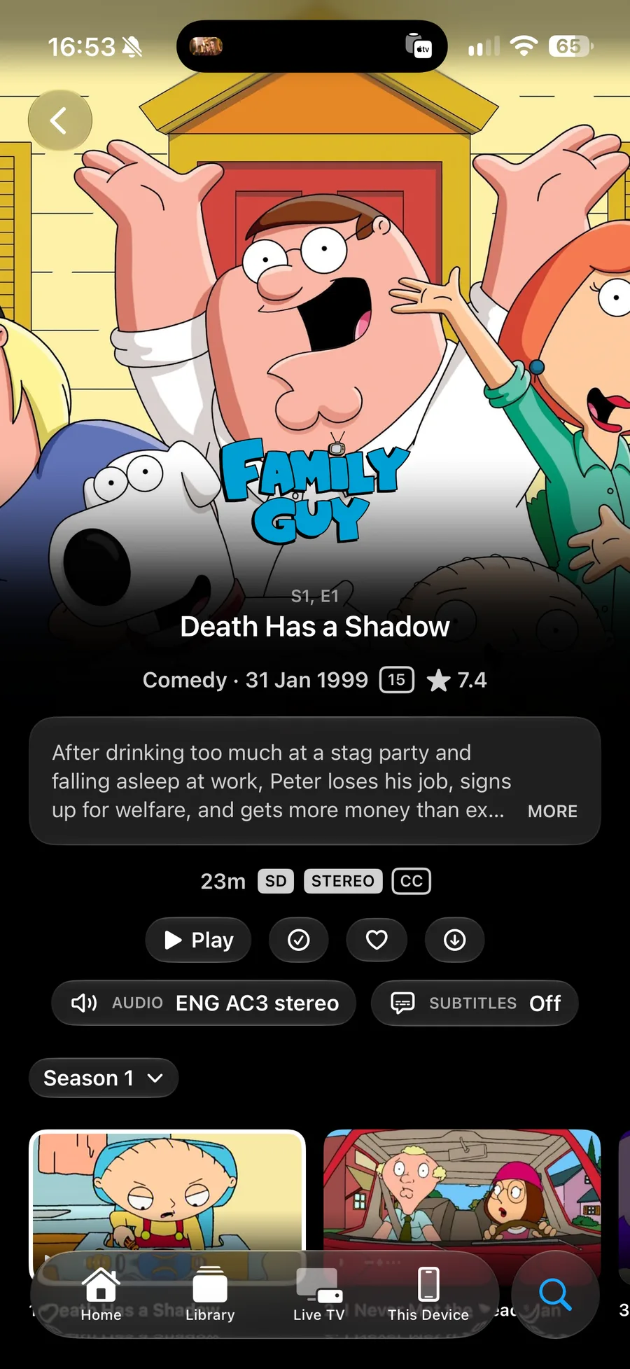 An episode page on iPhone: the artwork, the episode's own name and description, the Play button, and the season picker above the list of episodes.