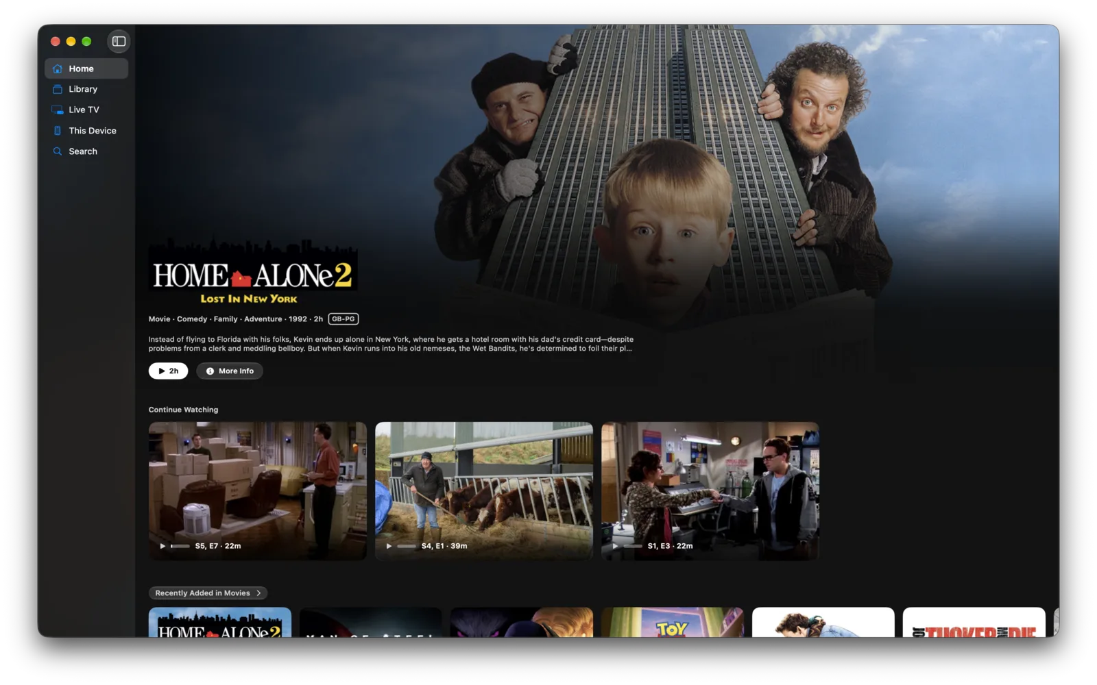 Home on a Mac: a film showcased across the top, a Continue Watching row of episodes beneath it, and Recently Added below that.