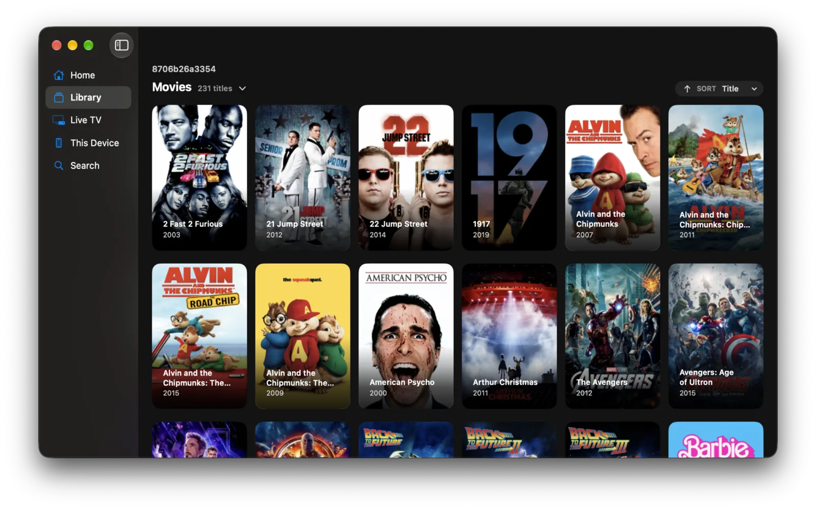 The Library tab on a Mac: a wall of film posters from one shelf, with the title count and the sort control above it.