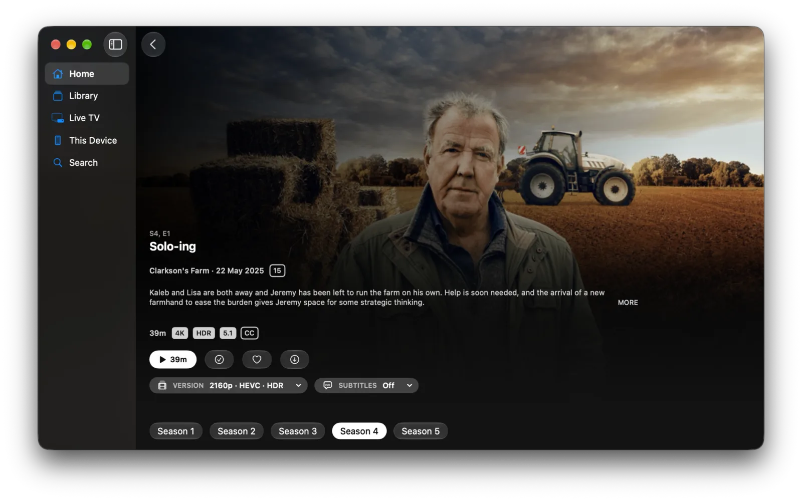 An episode page on a Mac: the Version and Subtitles capsules sit under the Play button, each naming the track it will use.