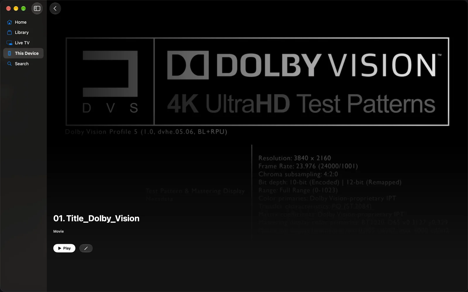 photon on a Mac: a film held on the machine itself, opened from This Device in the sidebar, with a Play button and the file's resolution, frame rate and bit depth beside it.