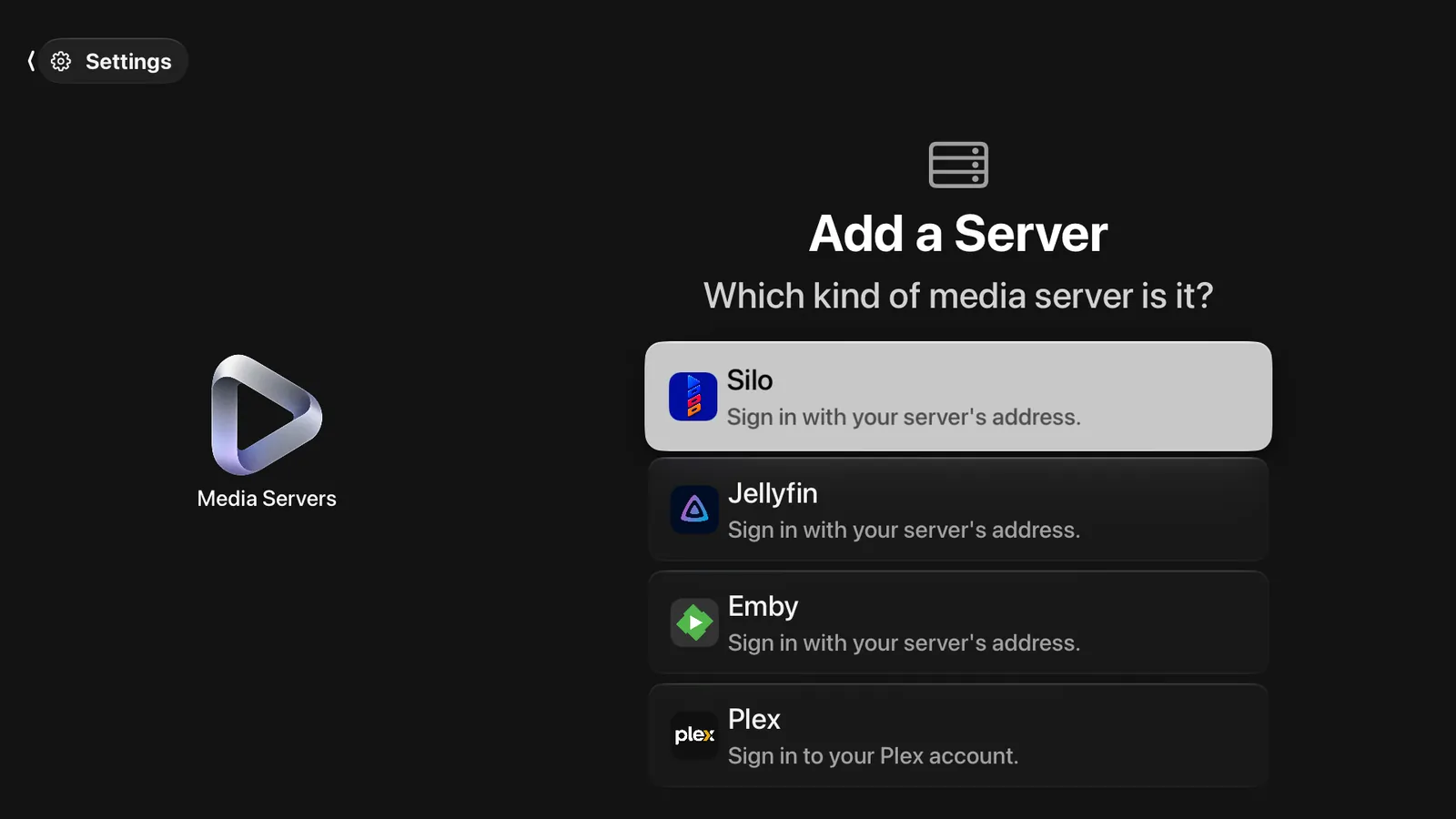Adding a server on Apple TV: a list to pick from — Silo, Jellyfin, Emby, each signed in with the server's address, and Plex with a Plex account.