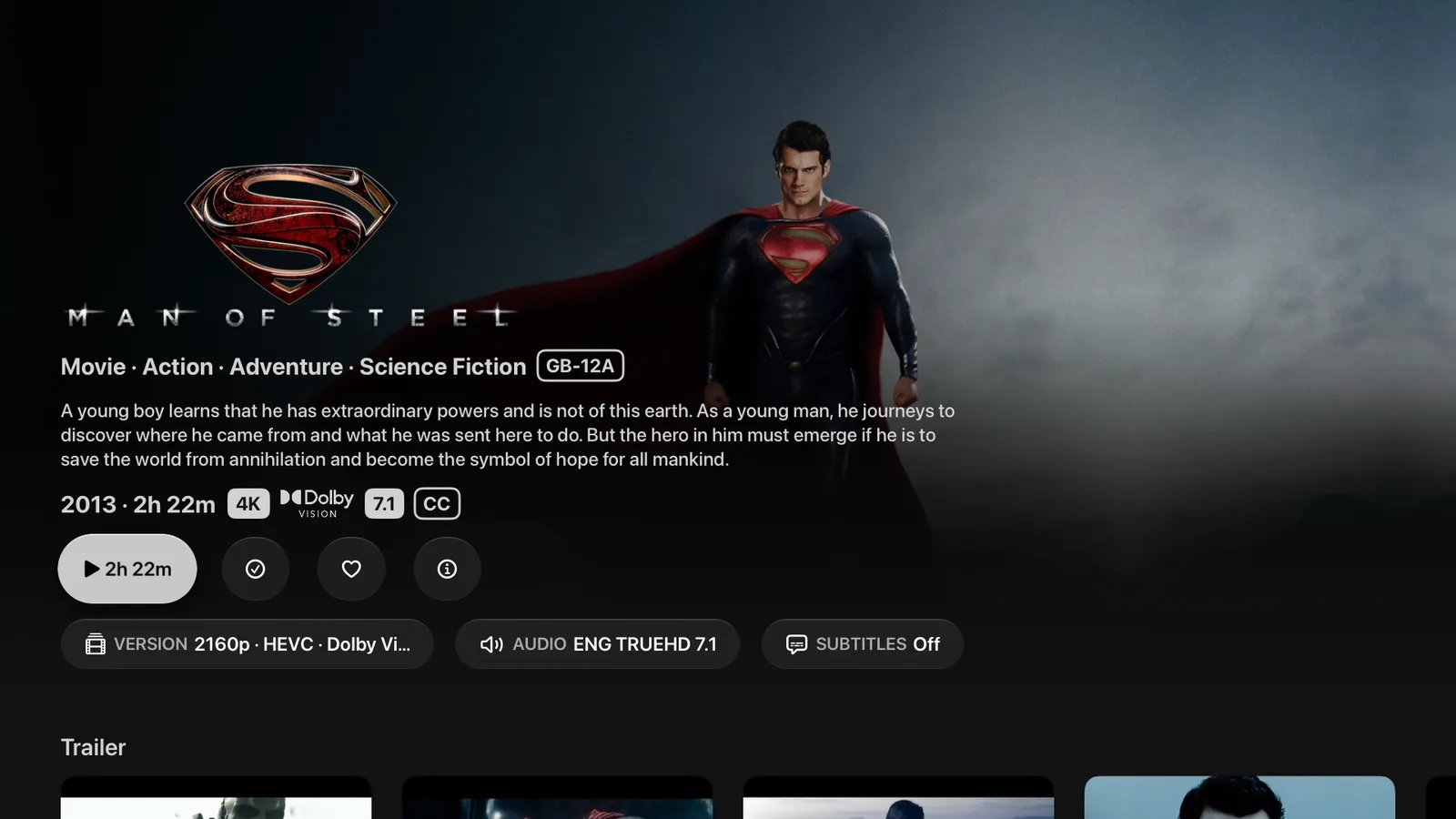 A film page on Apple TV: the artwork full width, with the runtime, badges and the Play button over it.
