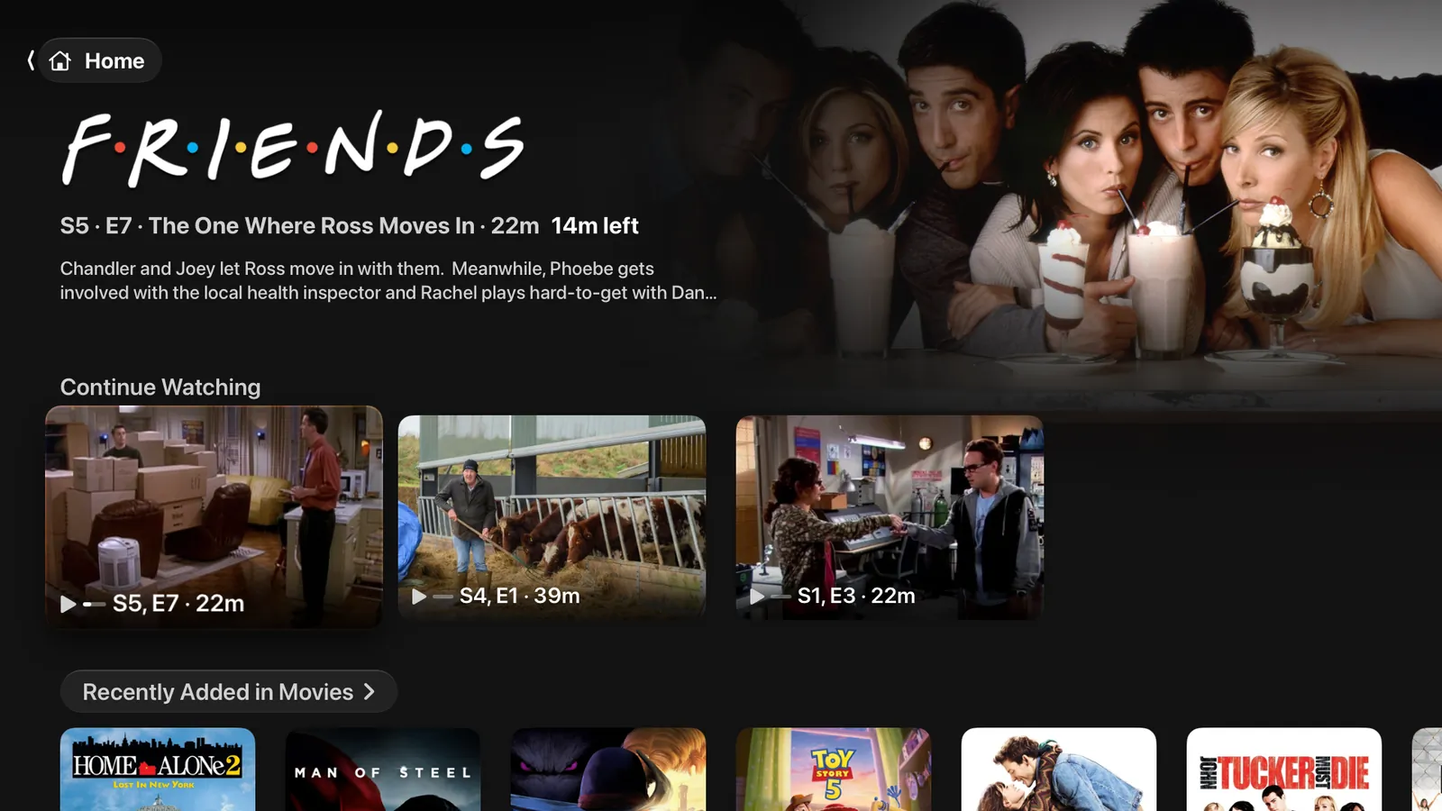 photon on Apple TV: a part-watched episode across the top of the home screen with the time left on it, a Continue Watching row beneath it, and recently added films below that.