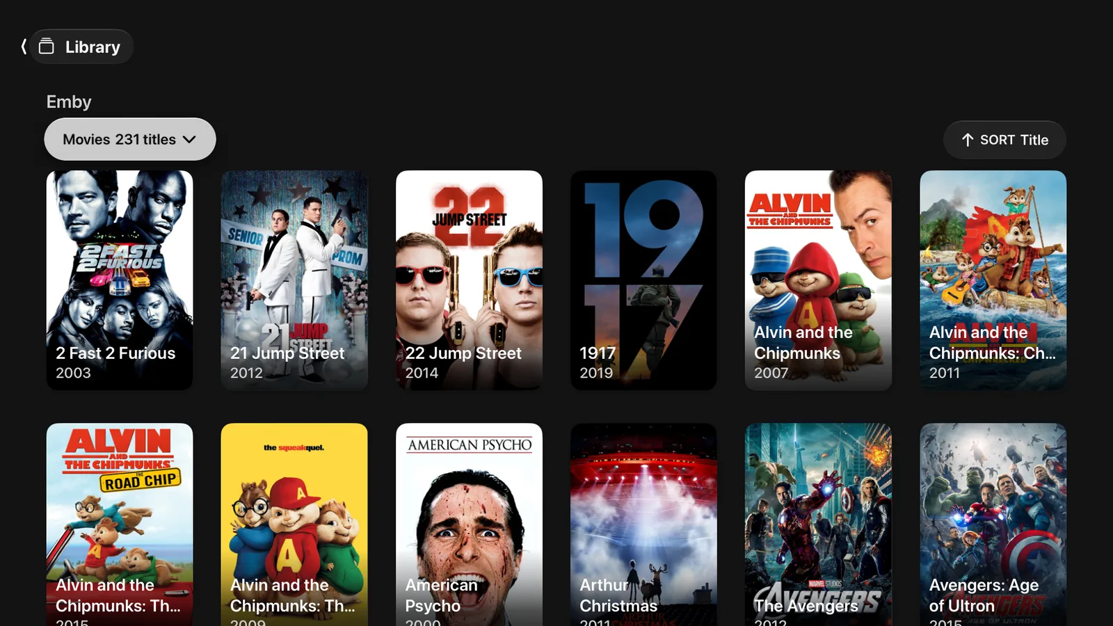 A library wall on Apple TV, showing how many cards a row carries at the standard card size.