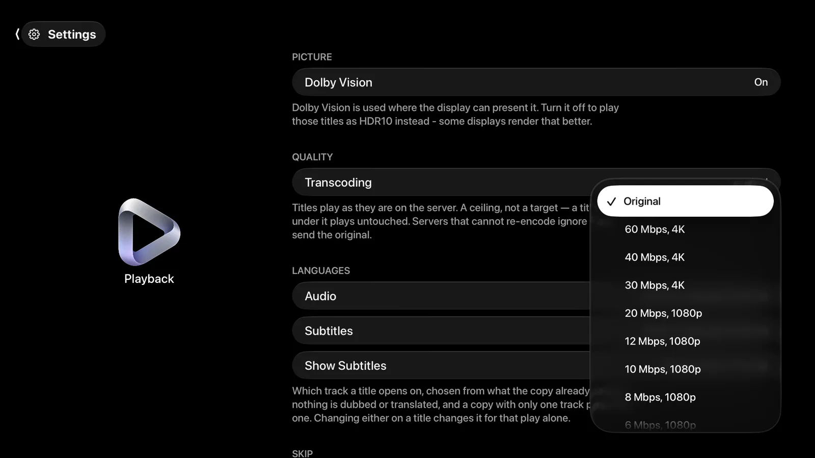 The Transcoding menu open on Apple TV: Original is ticked, with 60, 40 and 30 Mbps at 4K and 20, 12, 10 and 8 Mbps at 1080p below it.