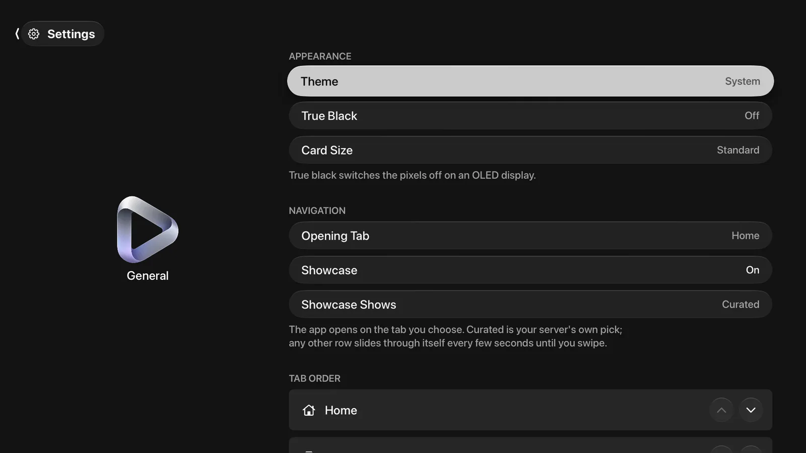 The General page on Apple TV: Theme, True Black and Card Size under Appearance, then Opening Tab, Showcase and Showcase Shows under Navigation, with Tab Order below.