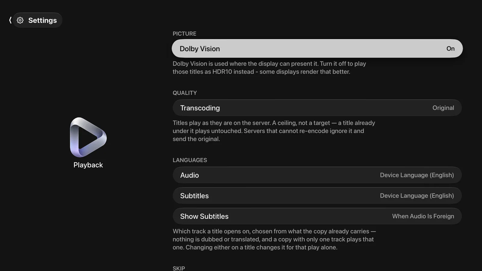 The Playback page on Apple TV: the Picture, Quality and Languages sections, each row with its current value on the right.