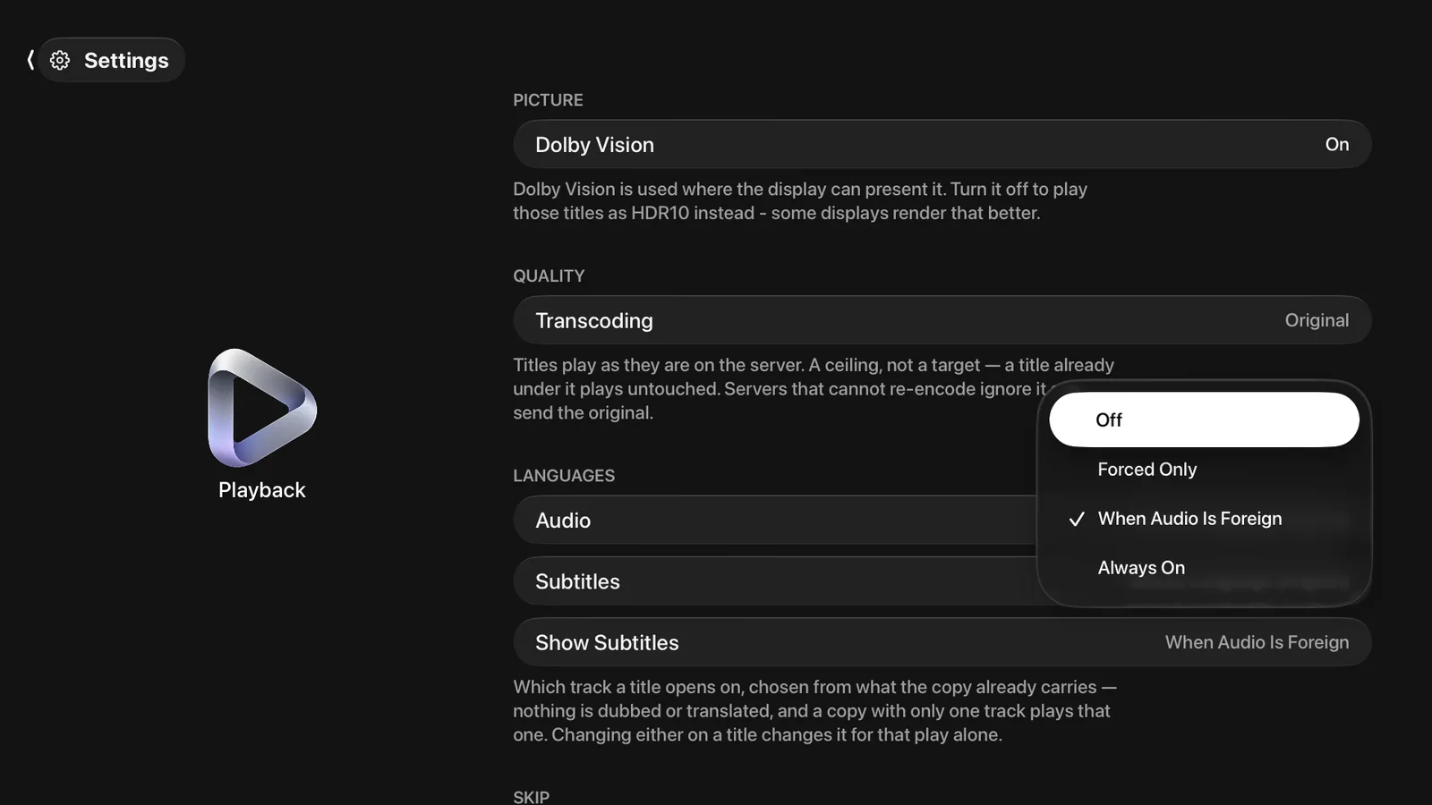 The Show Subtitles menu open on Apple TV, listing Off, Forced Only, When Audio Is Foreign — ticked — and Always On.